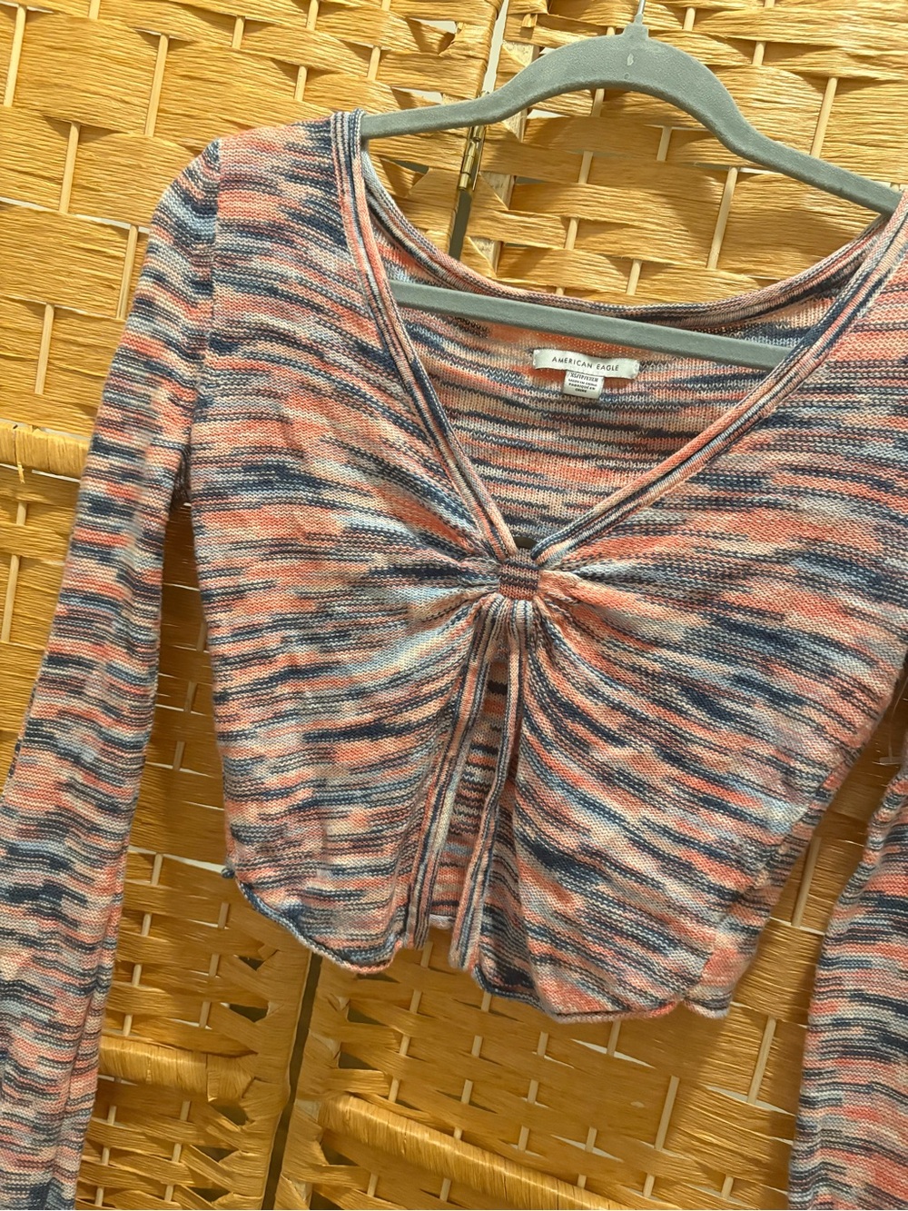 AE Knot-Front Multicolor Knit Crop Top - Coral/Blue XS - Picture 2 of 6